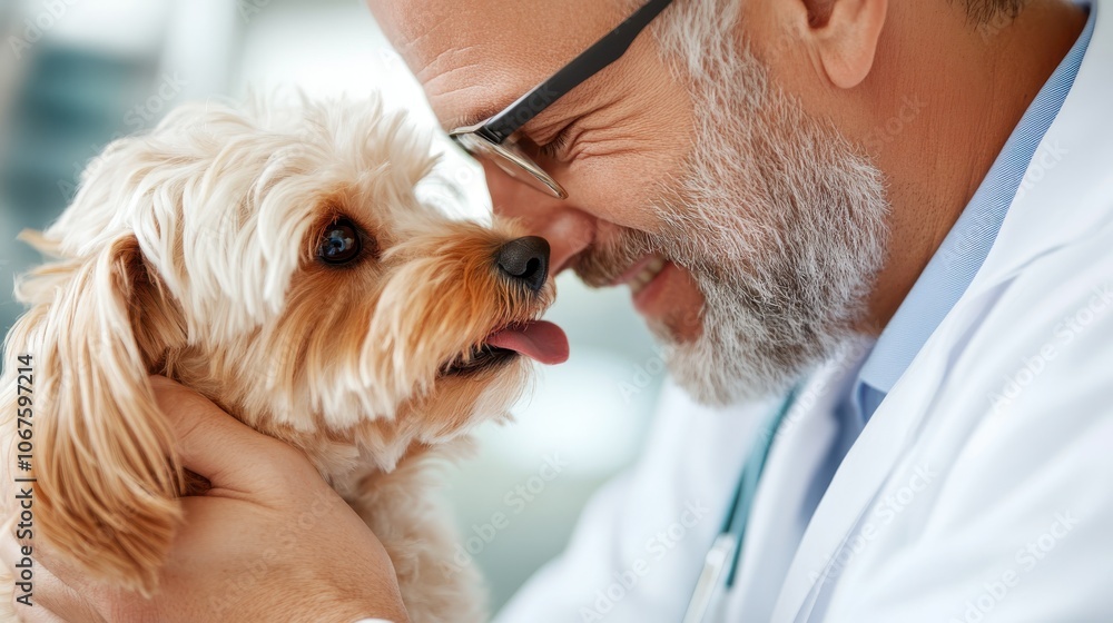 A veterinarian in a white coat affectionately interacts with a fluffy small dog, showcasing a strong bond between human and pet in a caring and emotional setting. A veterinarian in a white coat affectionately interacts with a fluffy small dog, showcasing a strong bond between human and pet in a caring and emotional setting.