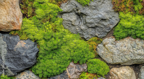 Uma foto macro detalhada de musgo em uma rocha, com cada pequena folhagem se destacando contra o fundo desfocado. A textura é vibrante e rica, capturando os verdes e marrons terrosos do musgo