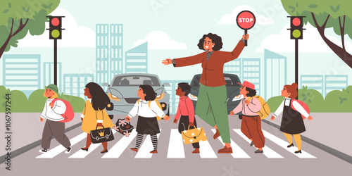 Teacher holding road sign stop and school kids cross the street by crosswalk, vector safety crosswalk with traffic light