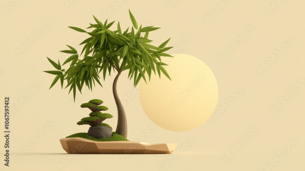 Create a serene bamboo landscape with natural elements and a radiant sun Create a serene bamboo landscape with natural elements and a radiant sun