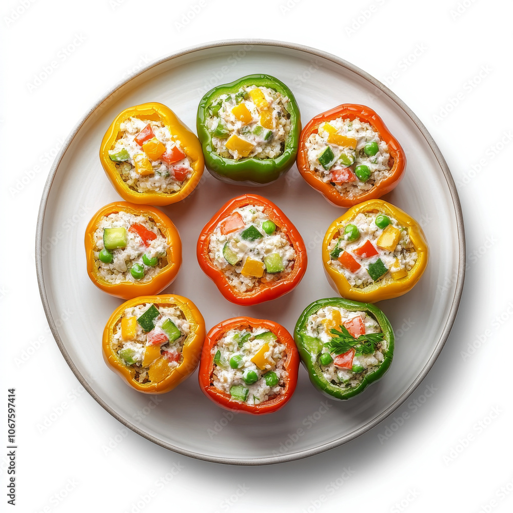 A plate of veggie-stuffed bell peppers, isolated on a white background, emphasizing a healthy meal option A plate of veggie-stuffed bell peppers, isolated on a white background, emphasizing a healthy meal option