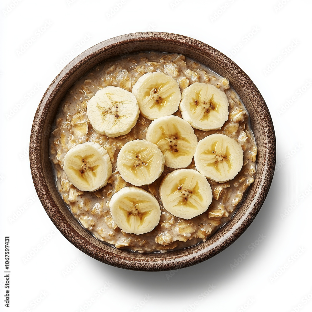 A bowl of oatmeal topped with sliced bananas, isolated on a white background, emphasizing a nutritious breakfast A bowl of oatmeal topped with sliced bananas, isolated on a white background, emphasizing a nutritious breakfast
