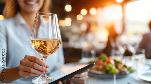 A smiling woman holds a glass of white wine at a sophisticated restaurant table. The background is softly blurred, creating a warm, inviting atmosphere. photo