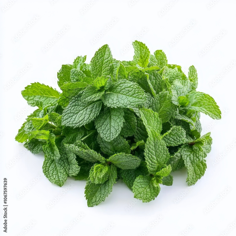 A small bunch of fresh mint leaves, isolated on a white background, highlighting a fragrant herb A small bunch of fresh mint leaves, isolated on a white background, highlighting a fragrant herb