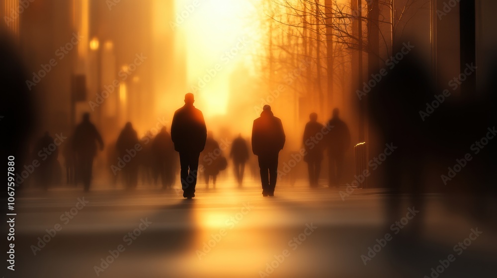 Silhouetted figures walk through a misty cityscape at sunset Silhouetted figures walk through a misty cityscape at sunset