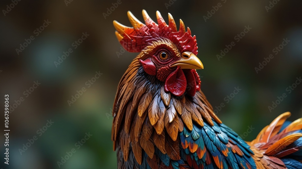 Fototapeta premium A rooster statue made of wood. The intricate details of the statue, including the texture of the feathers, the shape of the beak, and the bright colors, create a sense of realism and tangible quality.