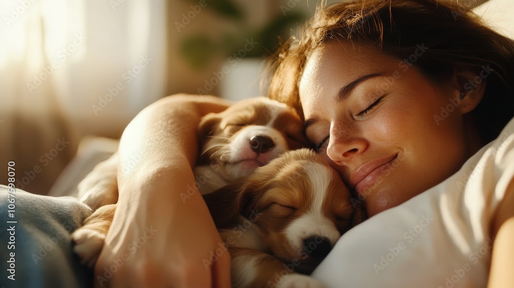 A relaxed woman rests with peacefully sleeping puppies, capturing a serene and warm moment of love and tenderness, as golden sunlight spills into the room. A relaxed woman rests with peacefully sleeping puppies, capturing a serene and warm moment of love and tenderness, as golden sunlight spills into the room.