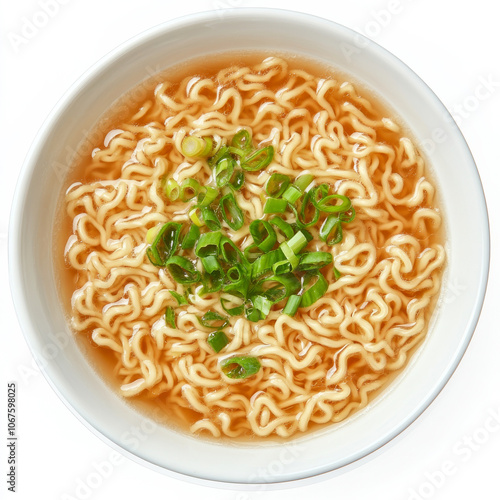 A bowl of hot ramen noodles with sliced green onions, isolated on a white background, showcasing a flavorful and comforting dish