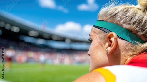 A close-up of a dedicated athlete in a stadium environment, showcasing focus, determination, and readiness to perform at their best in a competitive sports event. photo