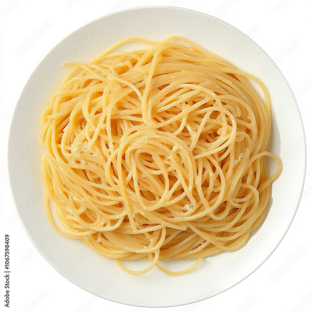 A plate of spaghetti with garlic butter, isolated on a white background, showcasing a simple yet flavorful dish A plate of spaghetti with garlic butter, isolated on a white background, showcasing a simple yet flavorful dish