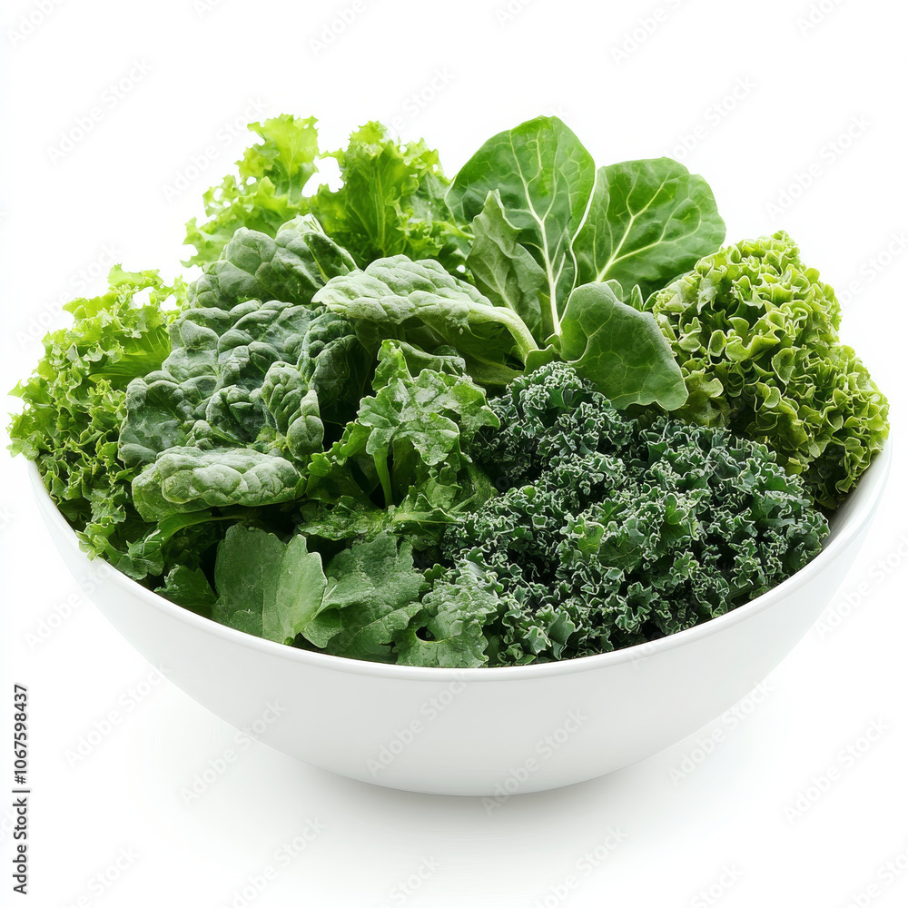 A bowl of mixed leafy greens, isolated on a white background, emphasizing a fresh salad base A bowl of mixed leafy greens, isolated on a white background, emphasizing a fresh salad base