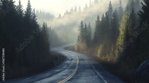 A long, winding mountain road stretching through a dense forest at dawn, mist rolling over the asphalt, with vibrant green trees on either side, and sunlight filtering through the mist, hyper-realisti photo