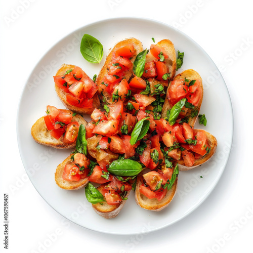 A plate of Italian bruschetta with tomatoes and basil, isolated on a white background, emphasizing a fresh appetizer