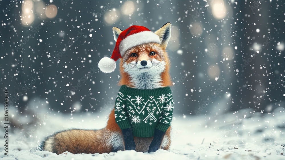 Charming Fox in Santa Hat and Christmas Sweater: Perfect for Holiday-Themed Sports Room Decor or Festive Wall Art in a Snowy Forest Setting! Charming Fox in Santa Hat and Christmas Sweater: Perfect for Holiday-Themed Sports Room Decor or Festive Wall Art in a Snowy Forest Setting!