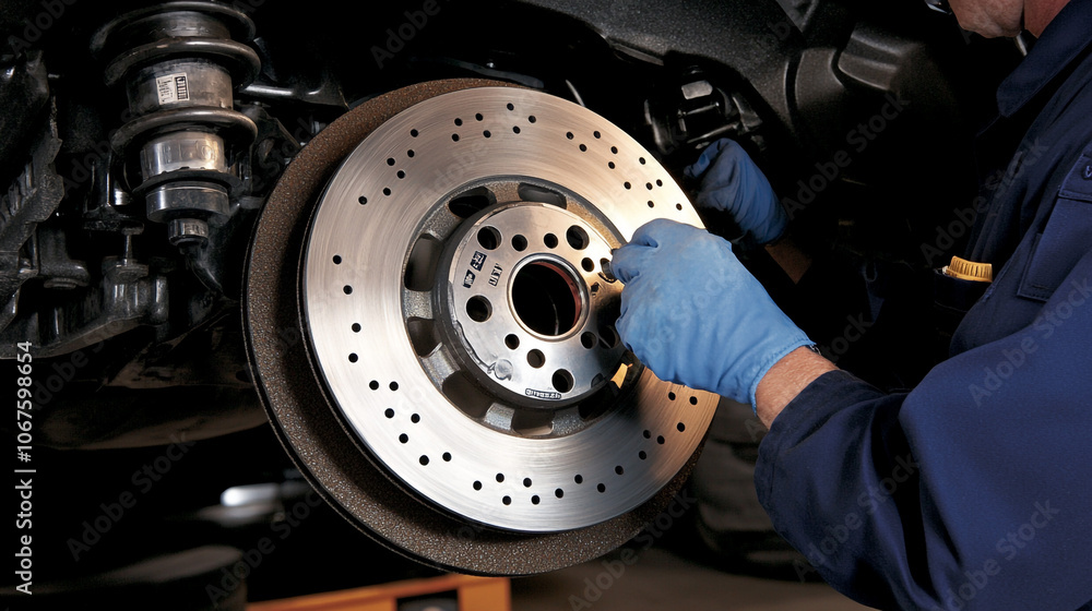 Mechanic Installing New Perforated Brake Disc on Car Mechanic Installing New Perforated Brake Disc on Car