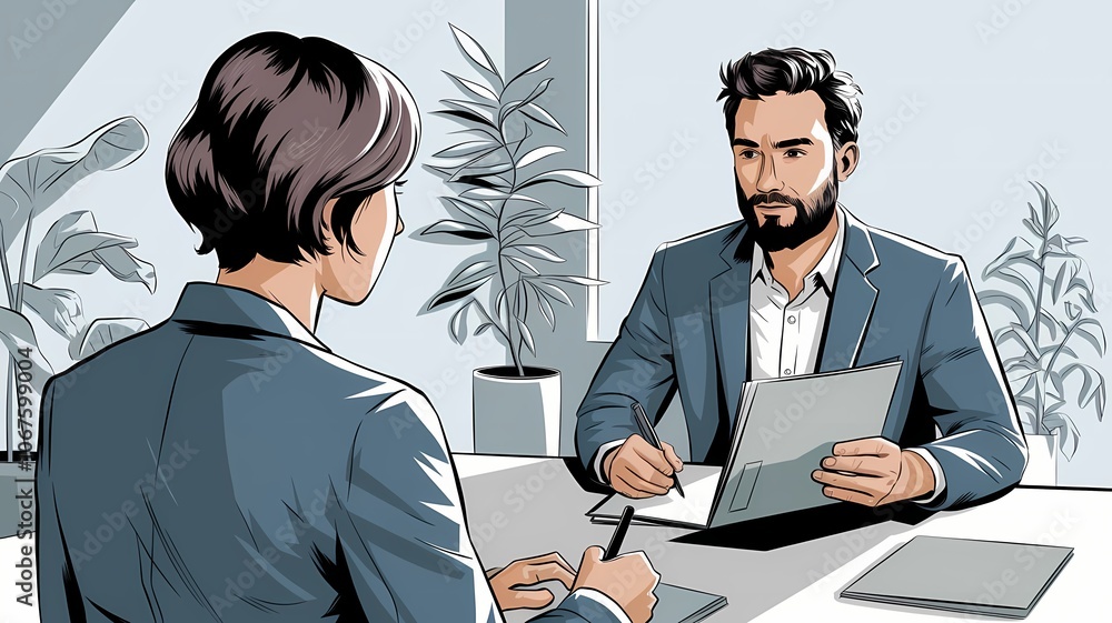 job interview illustration, interview preparation vector, business meeting illustration, candidate interview graphics, hiring process illustration, job application vector, professional interview scene