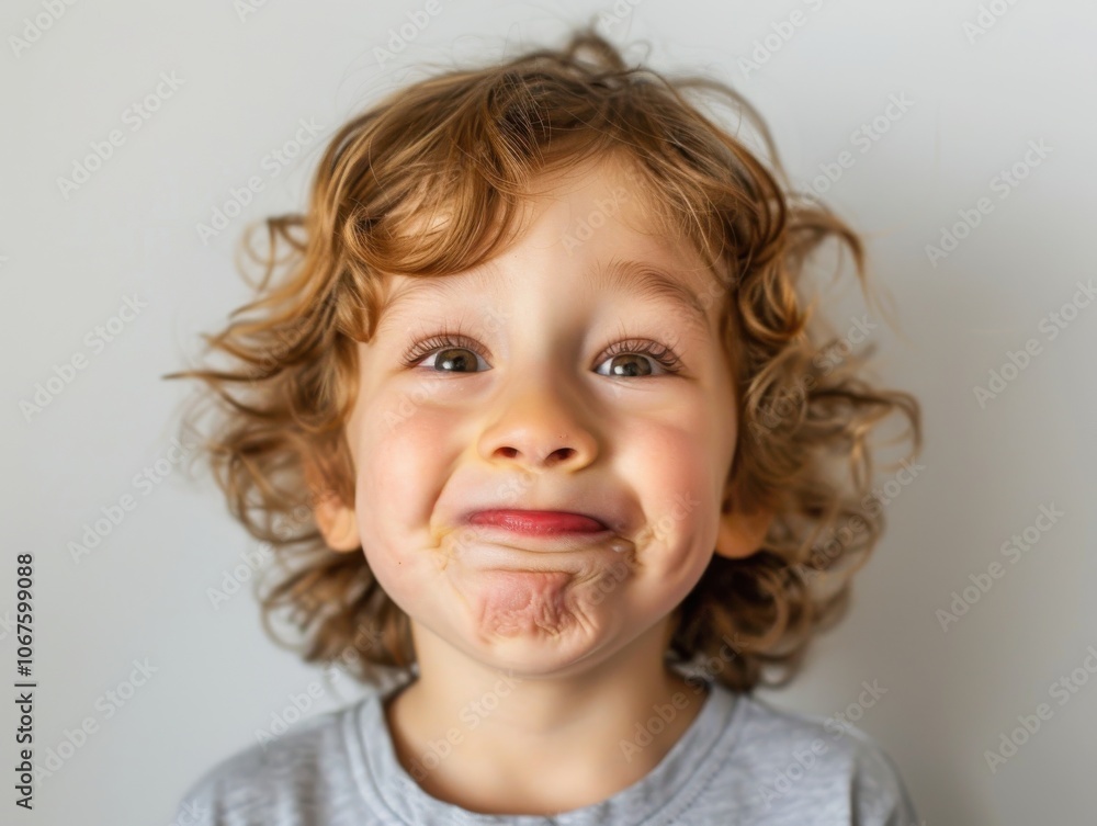 Close-up of a playful child making a funny face, with a simple white backdrop, showcasing humor and joy Close-up of a playful child making a funny face, with a simple white backdrop, showcasing humor and joy