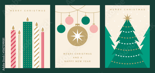 Merry Christmas and Happy New Year Greeting Card Vector Design Templates. Modern Beautiful Xmas Design with Christmas Tree, Ball Decorations, Candles. Modern Christmas Design for Greeting Cards