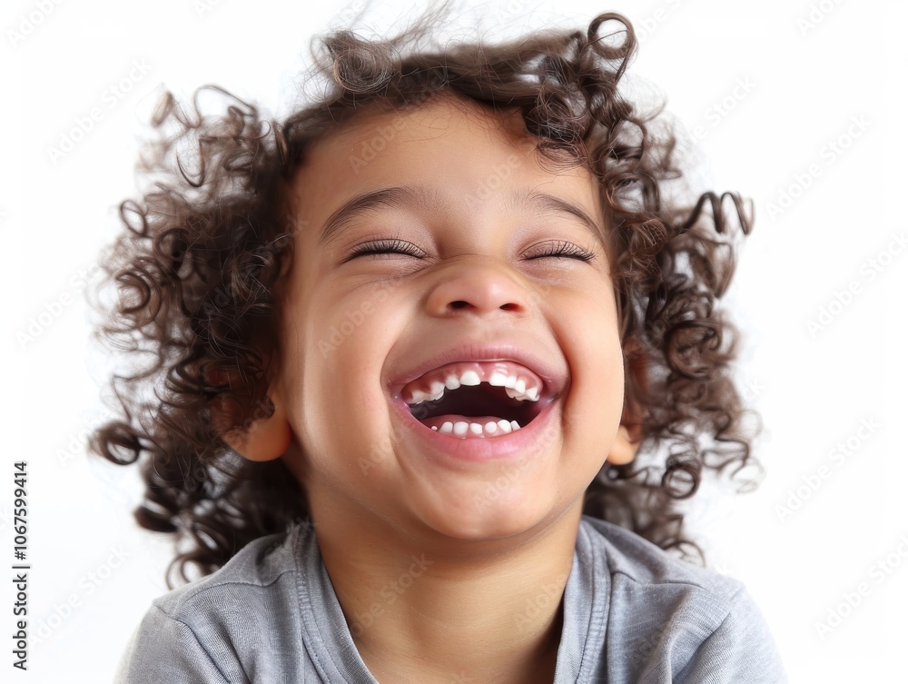 Close-up of a playful child with a white background, laughing and showing their personality Close-up of a playful child with a white background, laughing and showing their personality