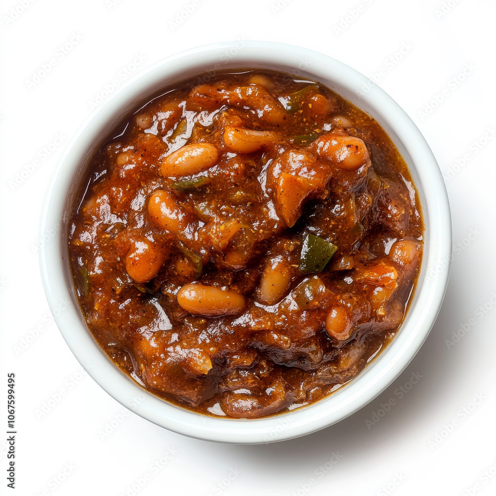 A bowl of baked beans with visible sauce, isolated on a white background, showcasing a savory side A bowl of baked beans with visible sauce, isolated on a white background, showcasing a savory side