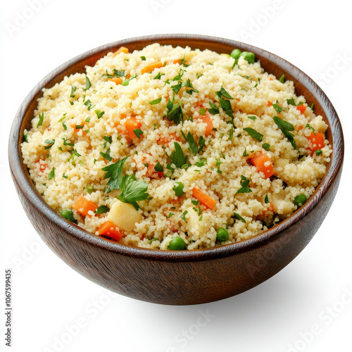 A bowl of couscous with herbs and vegetables, isolated on a white background, highlighting a nutritious side dish