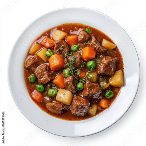 A plate of beef stew with vegetables, isolated on a white background, showcasing a hearty dish