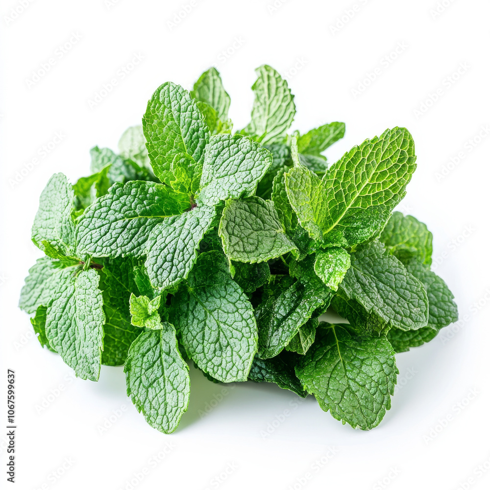 A handful of fresh mint leaves, isolated on a white background, highlighting a versatile herb A handful of fresh mint leaves, isolated on a white background, highlighting a versatile herb