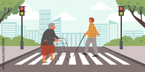 People safely cross the street at a crosswalk.