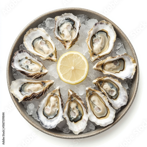 A plate of fresh oysters with ice and lemon, isolated on a white background, showcasing a seafood delicacy
