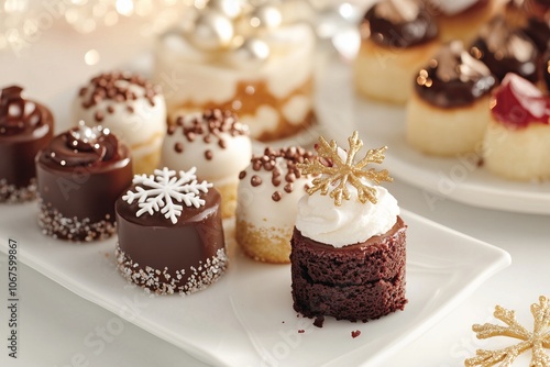 dessert bar with winter themed mini cakes and pastries, including flavors like spiced carrot, chocolate, and red velvet, decorated with metallic accents and snowflake designs