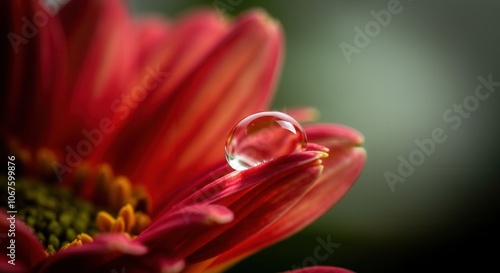 Close-up of water droplet on vibrant red gerbera petal