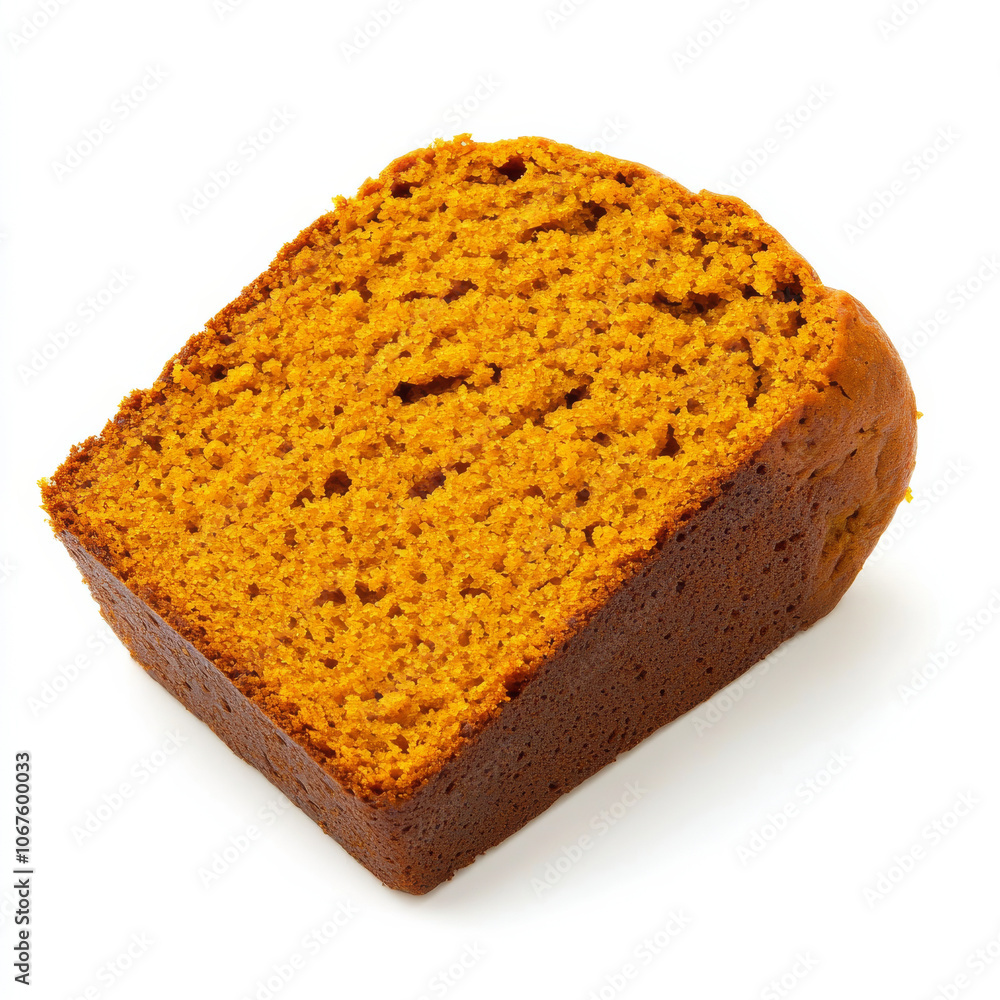 A slice of pumpkin bread with visible spices, isolated on a white background, emphasizing a seasonal baked treat A slice of pumpkin bread with visible spices, isolated on a white background, emphasizing a seasonal baked treat
