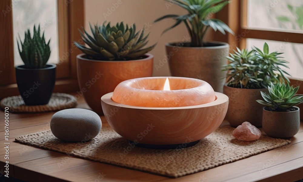 Cozy meditation space with plants, salt lamp, and candlelight creating a calming ambiance Cozy meditation space with plants, salt lamp, and candlelight creating a calming ambiance