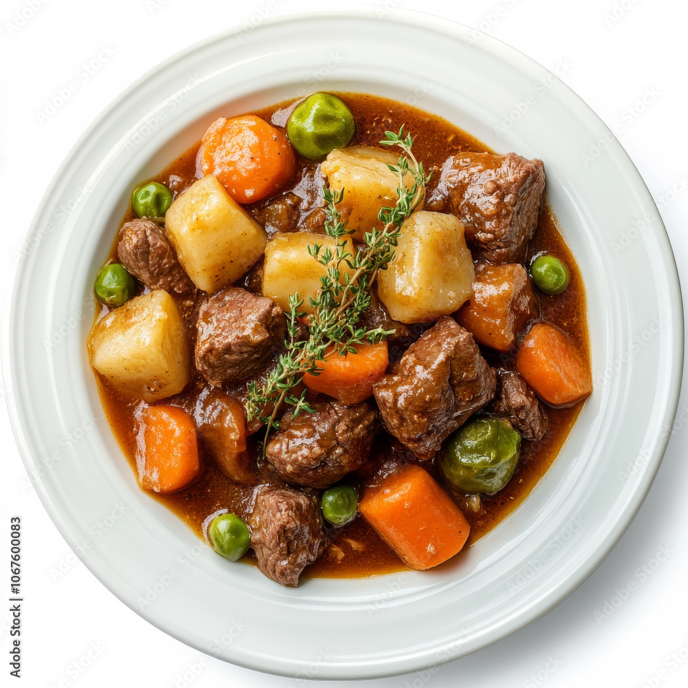 A plate of beef stew with vegetables, isolated on a white background, showcasing a hearty dish A plate of beef stew with vegetables, isolated on a white background, showcasing a hearty dish