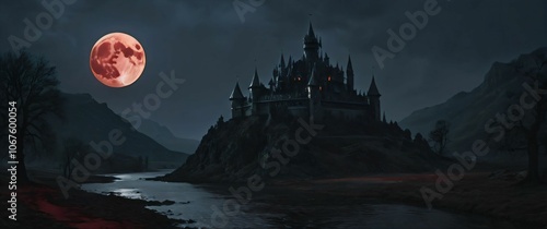 A dark fantasy landscape with a castle under a blood moon