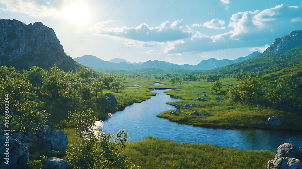 A serene outdoor scene in a vast national park, with a clear blue sky, rugged mountains in the distance, and a river flowing through the lush green valley, sunlight filtering through the trees A serene outdoor scene in a vast national park, with a clear blue sky, rugged mountains in the distance, and a river flowing through the lush green valley, sunlight filtering through the trees
