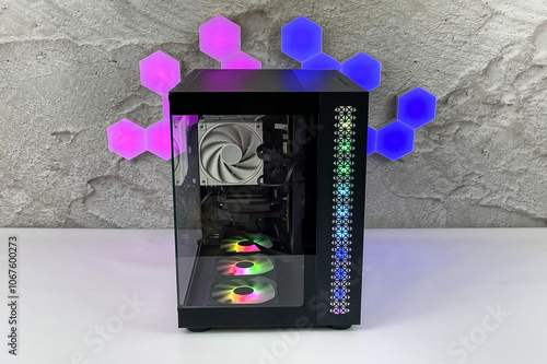 Obraz na plátně Gaming PC with RGB LED Lights on a computer, assembled with hardware components