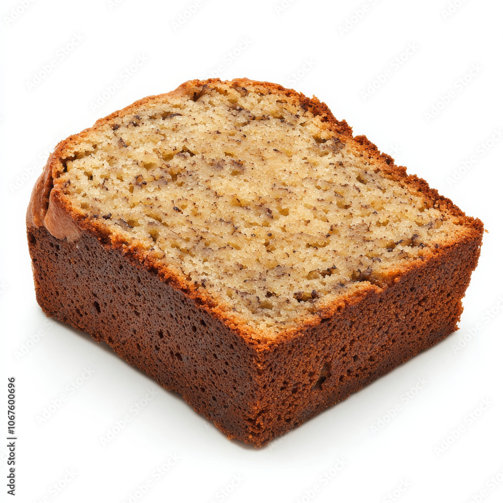 A slice of freshly baked banana bread, isolated on a white background, showcasing a sweet and moist treat A slice of freshly baked banana bread, isolated on a white background, showcasing a sweet and moist treat