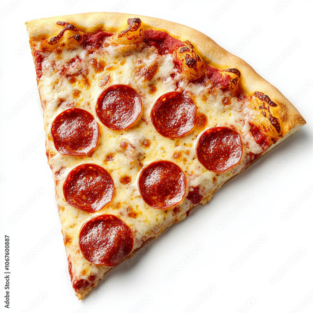 A slice of pepperoni pizza with melted cheese, isolated on a white background, showcasing a popular savory snack A slice of pepperoni pizza with melted cheese, isolated on a white background, showcasing a popular savory snack
