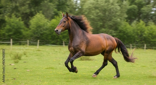 Majestic brown horse galloping freely in green pasture