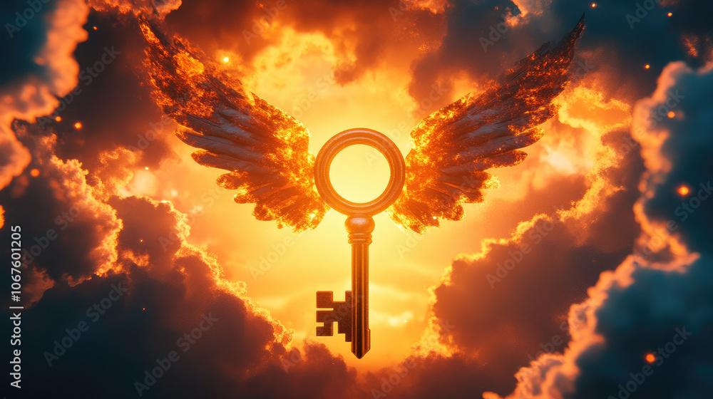 A mystical key with wings glowing against a dramatic sunset sky, symbolizing freedom and divine access. A mystical key with wings glowing against a dramatic sunset sky, symbolizing freedom and divine access.