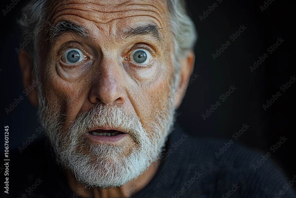 Surprised elderly man with blue eyes and white beard against dark background Surprised elderly man with blue eyes and white beard against dark background