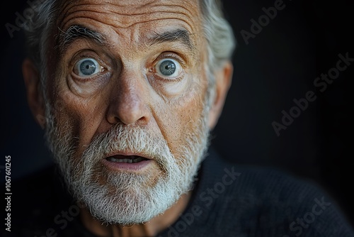 Surprised elderly man with blue eyes and white beard against dark background