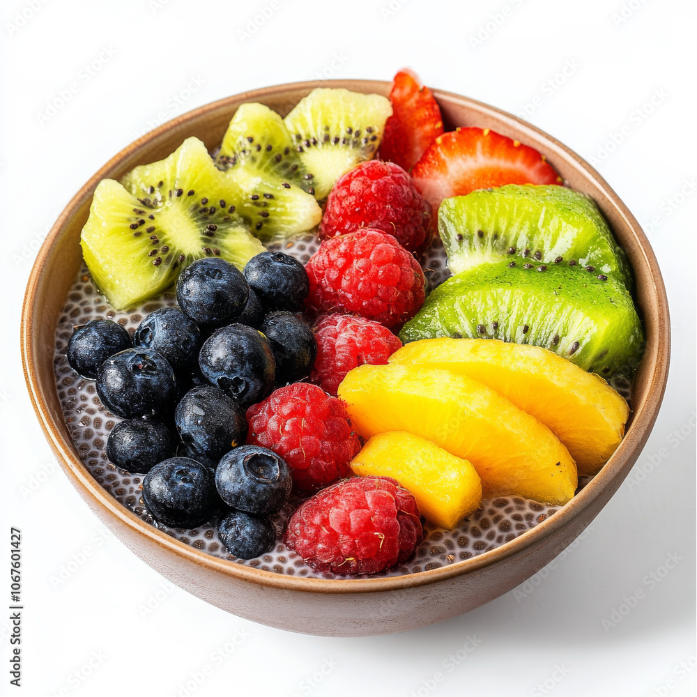 A bowl of chia pudding with fruit, isolated on a white background, showcasing a healthy dessert A bowl of chia pudding with fruit, isolated on a white background, showcasing a healthy dessert