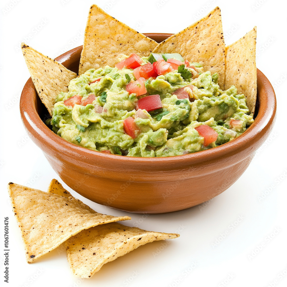 A bowl of creamy guacamole with fresh tortilla chips, isolated on a white background, showcasing a popular dip A bowl of creamy guacamole with fresh tortilla chips, isolated on a white background, showcasing a popular dip