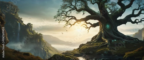 Fototapeta Naklejka Na Ścianę i Meble -  Fantasy landscape with an ancient tree glowing with magic runes