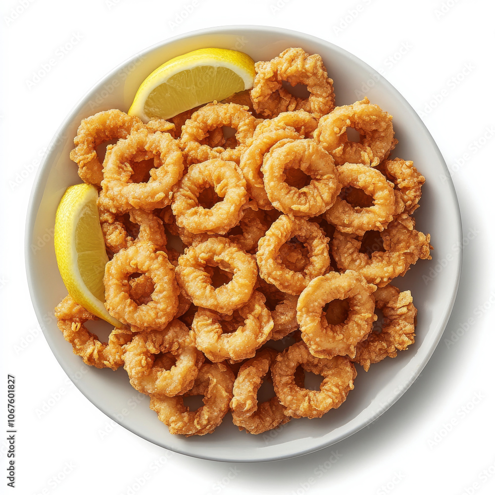 A plate of crispy calamari rings with lemon wedges, isolated on a white background, showcasing a popular seafood appetizer A plate of crispy calamari rings with lemon wedges, isolated on a white background, showcasing a popular seafood appetizer