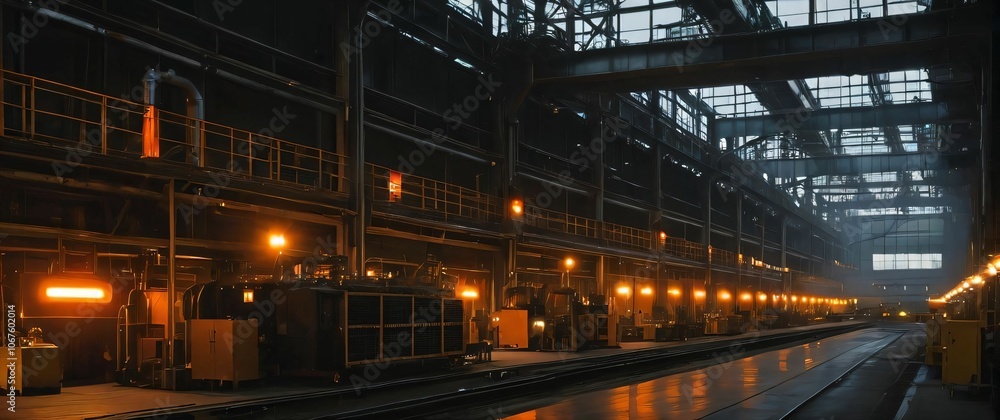 Industrial scene of a factory lit by orange safety lights Industrial scene of a factory lit by orange safety lights