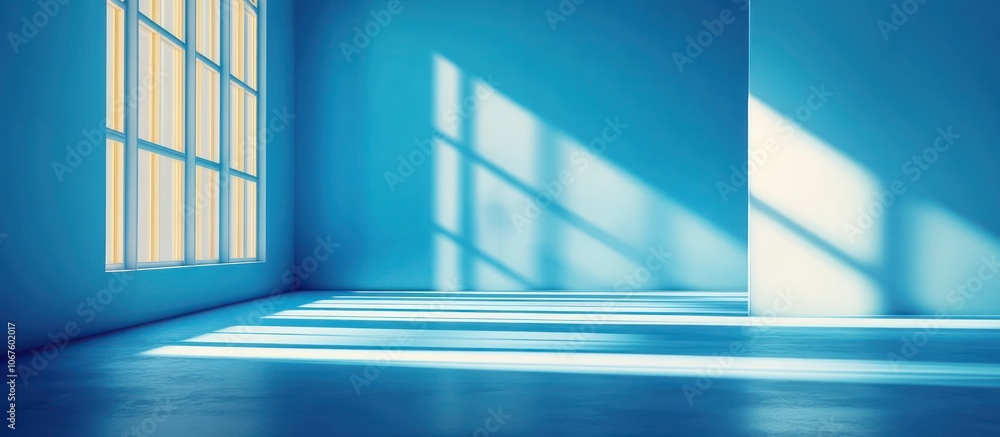 Obraz premium Sunlight streams through a window in a blue room casting shadows on the floor.