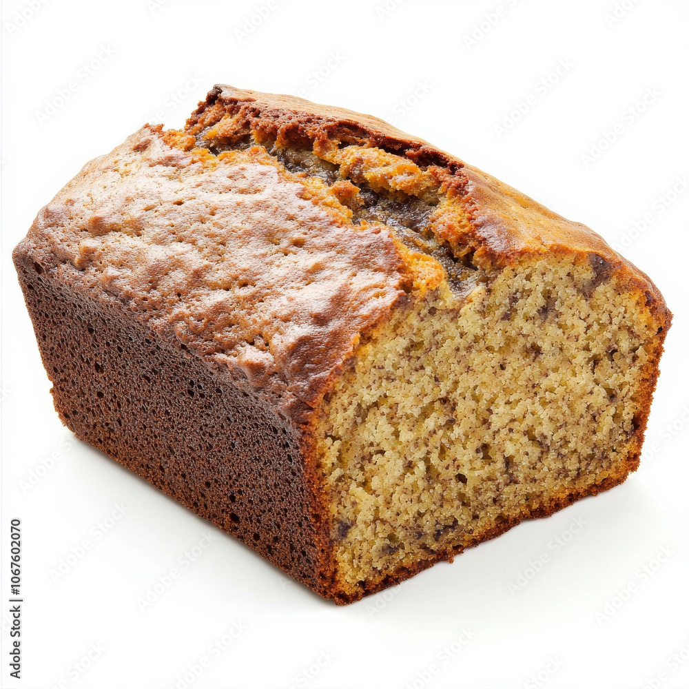 A slice of freshly baked banana bread, isolated on a white background, showcasing a sweet and moist treat A slice of freshly baked banana bread, isolated on a white background, showcasing a sweet and moist treat